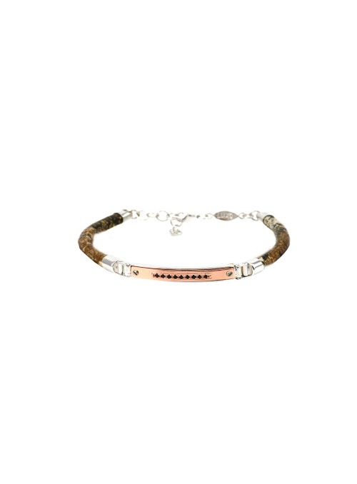 LUXO- Bracciale uomo con placca e brillanti neri centrale e Caucciu, COD: BR35